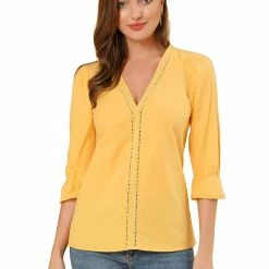 Allegra K Women's Eyelet Lace V Neck Scalloped Half Ruffle Sleeve Solid Work Shirt Top 22 Allegra K Women's Eyelet Lace V Neck Scalloped Half Ruffle Sleeve Solid Work Shirt Top