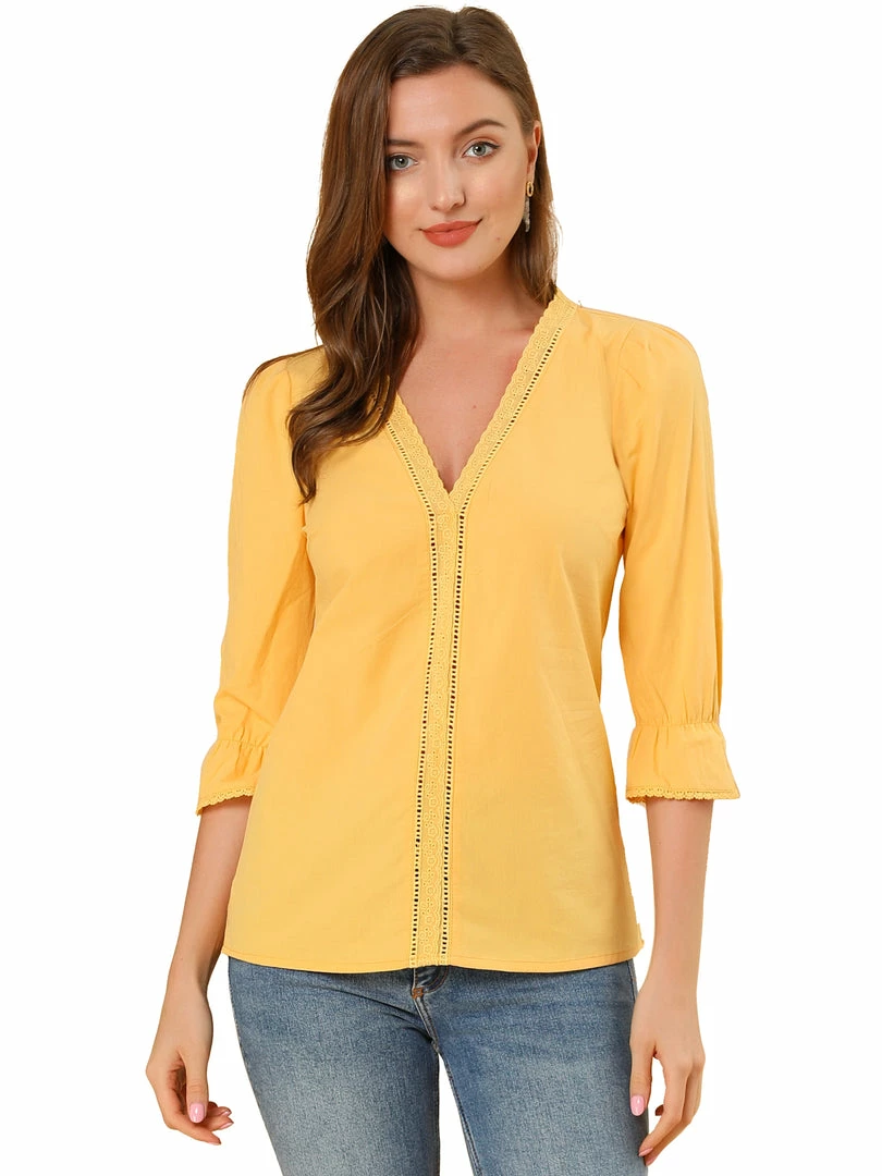 Allegra K Women's Eyelet Lace V Neck Scalloped Half Ruffle Sleeve Solid Work Shirt Top 10 Allegra K Women's Eyelet Lace V Neck Scalloped Half Ruffle Sleeve Solid Work Shirt Top