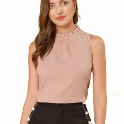 Allegra K Women's Frill Trim Mock Neck Ruffled Sleeveless Casual Summer Top Blouse