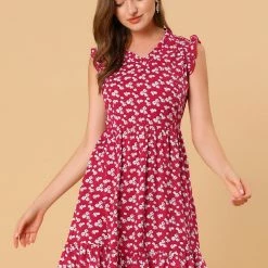 Allegra K Women's Floral Print V Neck A-Line Sleeveless Ruffle Mini Dress 28 Allegra K Women's Floral Print V Neck A-Line Sleeveless Ruffle Mini Dress