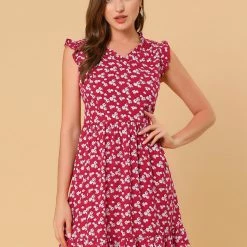 Allegra K Women's Floral Print V Neck A-Line Sleeveless Ruffle Mini Dress 29 Allegra K Women's Floral Print V Neck A-Line Sleeveless Ruffle Mini Dress