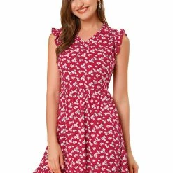 Allegra K Women's Floral Print V Neck A-Line Sleeveless Ruffle Mini Dress 27 Allegra K Women's Floral Print V Neck A-Line Sleeveless Ruffle Mini Dress