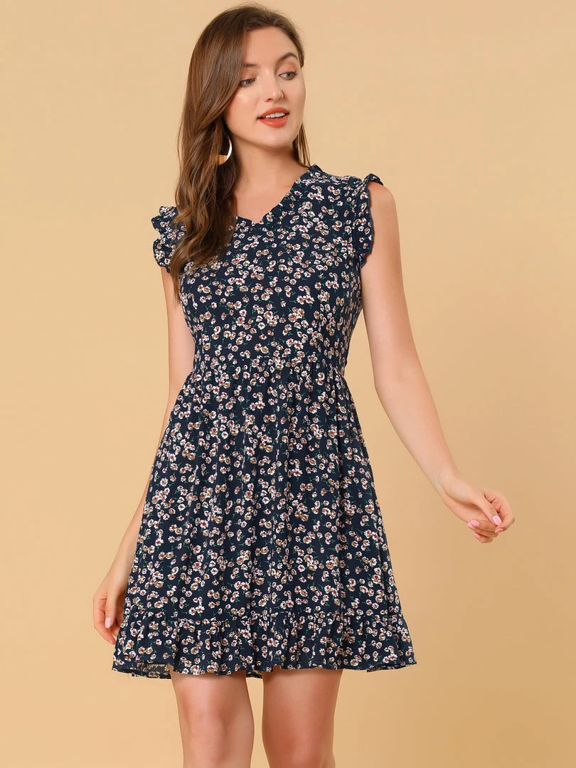 Allegra K Women's Floral Print V Neck A-Line Sleeveless Ruffle Mini Dress 17 Allegra K Women's Floral Print V Neck A-Line Sleeveless Ruffle Mini Dress