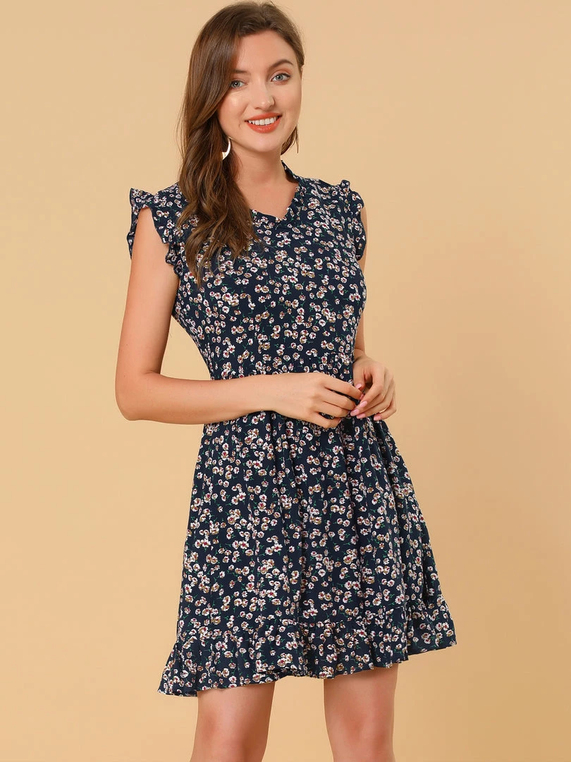 Allegra K Women's Floral Print V Neck A-Line Sleeveless Ruffle Mini Dress 18 Allegra K Women's Floral Print V Neck A-Line Sleeveless Ruffle Mini Dress