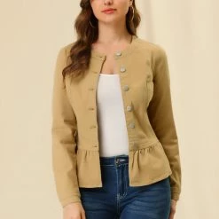 Allegra K Round Collar Peplum Denim Jacket