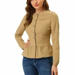 Allegra K Round Collar Peplum Denim Jacket