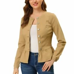 Allegra K Round Collar Peplum Denim Jacket