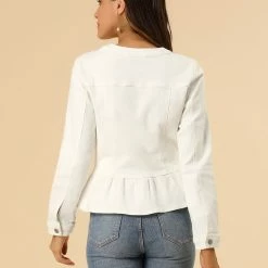 Allegra K Round Collar Peplum Denim Jacket