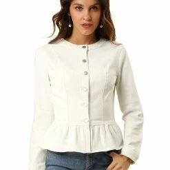 Allegra K Round Collar Peplum Denim Jacket