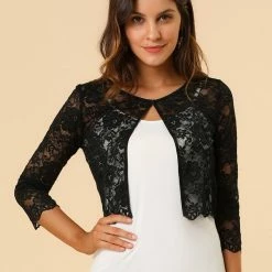 Allegra K Women's Elegant Ruffle Collar Crop Cardigan Sheer Floral Lace Shrug Tops