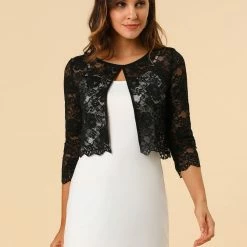 Allegra K Women's Elegant Ruffle Collar Crop Cardigan Sheer Floral Lace Shrug Tops
