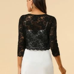 Allegra K Women's Elegant Ruffle Collar Crop Cardigan Sheer Floral Lace Shrug Tops