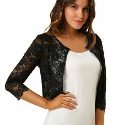 Allegra K Women's Elegant Ruffle Collar Crop Cardigan Sheer Floral Lace Shrug Tops