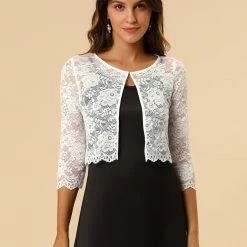 Allegra K Women's Elegant Ruffle Collar Crop Cardigan Sheer Floral Lace Shrug Tops