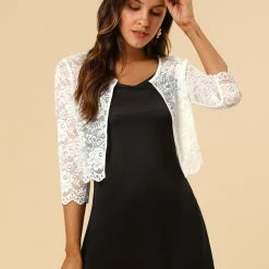 Allegra K Women's Elegant Ruffle Collar Crop Cardigan Sheer Floral Lace Shrug Tops