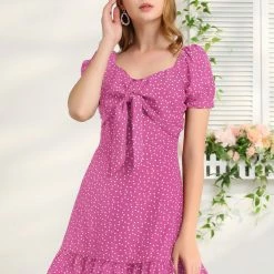 Allegra K Women's Ruffle Hem Sweetheart Neck Heart Tie Front Flare Mini Dress