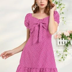 Allegra K Women's Ruffle Hem Sweetheart Neck Heart Tie Front Flare Mini Dress