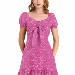 Allegra K Women's Ruffle Hem Sweetheart Neck Heart Tie Front Flare Mini Dress