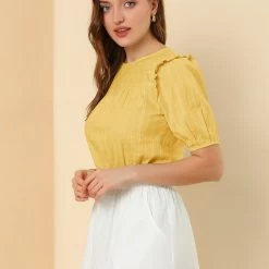 Allegra K Women's Cotton Frilled Blouses Solid Round Neck Short Sleeve Shirt Top