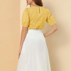 Allegra K Women's Cotton Frilled Blouses Solid Round Neck Short Sleeve Shirt Top