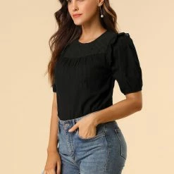 Allegra K Women's Cotton Frilled Blouses Solid Round Neck Short Sleeve Shirt Top