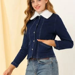 Allegra K Women's Sherpa Collar Button Down Long Sleeve Casual Stretch Denim Jacket