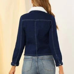 Allegra K Women's Sherpa Collar Button Down Long Sleeve Casual Stretch Denim Jacket