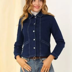 Allegra K Women's Sherpa Collar Button Down Long Sleeve Casual Stretch Denim Jacket