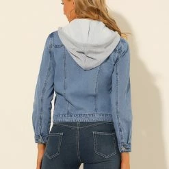 Allegra K Women's Removable Hood Jean Jacket Button Up Layered Drawstring Denim Jackets