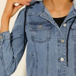 Allegra K Women's Removable Hood Jean Jacket Button Up Layered Drawstring Denim Jackets