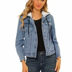 Allegra K Women's Removable Hood Jean Jacket Button Up Layered Drawstring Denim Jackets