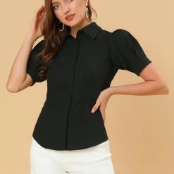 Allegra K Women's Puff Sleeve Collared Cotton Work Office Button Down Shirt 23 Allegra K Women's Puff Sleeve Collared Cotton Work Office Button Down Shirt