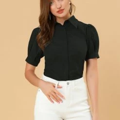 Allegra K Women's Puff Sleeve Collared Cotton Work Office Button Down Shirt 24 Allegra K Women's Puff Sleeve Collared Cotton Work Office Button Down Shirt
