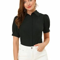 Allegra K Women's Puff Sleeve Collared Cotton Work Office Button Down Shirt 22 Allegra K Women's Puff Sleeve Collared Cotton Work Office Button Down Shirt