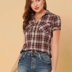 Allegra K Casual Boyfriend Plaid Button Down Shirt Women
