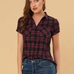 Allegra K Casual Boyfriend Plaid Button Down Shirt Women