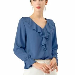Allegra K Ruffle V Neck Bracelet Sleeve Vintage Peasant Chiffon Blouse Women