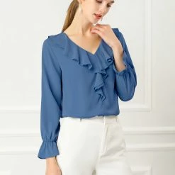 Allegra K Ruffle V Neck Bracelet Sleeve Vintage Peasant Chiffon Blouse Women