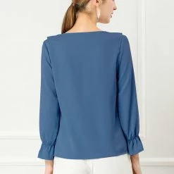 Allegra K Ruffle V Neck Bracelet Sleeve Vintage Peasant Chiffon Blouse Women