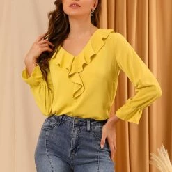 Allegra K Ruffle V Neck Bracelet Sleeve Vintage Peasant Chiffon Blouse Women