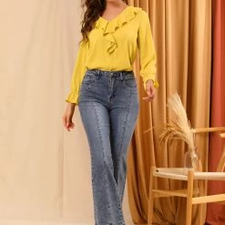 Allegra K Ruffle V Neck Bracelet Sleeve Vintage Peasant Chiffon Blouse Women