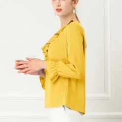 Allegra K Ruffle V Neck Bracelet Sleeve Vintage Peasant Chiffon Blouse Women
