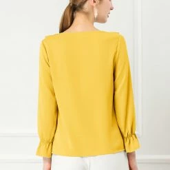 Allegra K Ruffle V Neck Bracelet Sleeve Vintage Peasant Chiffon Blouse Women