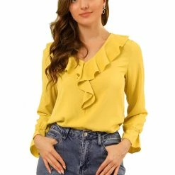 Allegra K Ruffle V Neck Bracelet Sleeve Vintage Peasant Chiffon Blouse Women
