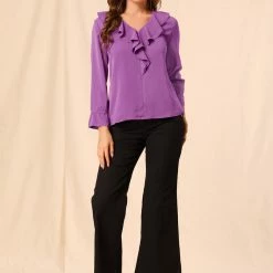 Allegra K Ruffle V Neck Bracelet Sleeve Vintage Peasant Chiffon Blouse Women