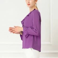 Allegra K Ruffle V Neck Bracelet Sleeve Vintage Peasant Chiffon Blouse Women