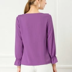 Allegra K Ruffle V Neck Bracelet Sleeve Vintage Peasant Chiffon Blouse Women