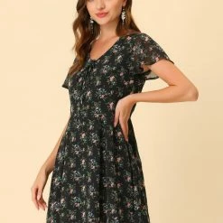 Allegra K Floral Lace-up V-neck Flouncing Sleeve Chiffon Dress Clothing 153 Allegra K Floral Lace-up V-neck Flouncing Sleeve Chiffon Dress Clothing