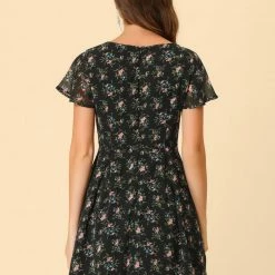 Allegra K Floral Lace-up V-neck Flouncing Sleeve Chiffon Dress Clothing 154 Allegra K Floral Lace-up V-neck Flouncing Sleeve Chiffon Dress Clothing