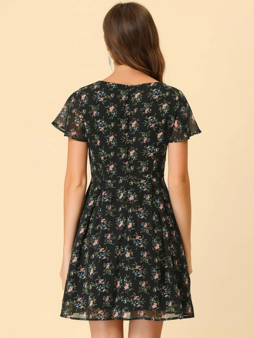 Allegra K Floral Lace-up V-neck Flouncing Sleeve Chiffon Dress Clothing 78 Allegra K Floral Lace-up V-neck Flouncing Sleeve Chiffon Dress Clothing